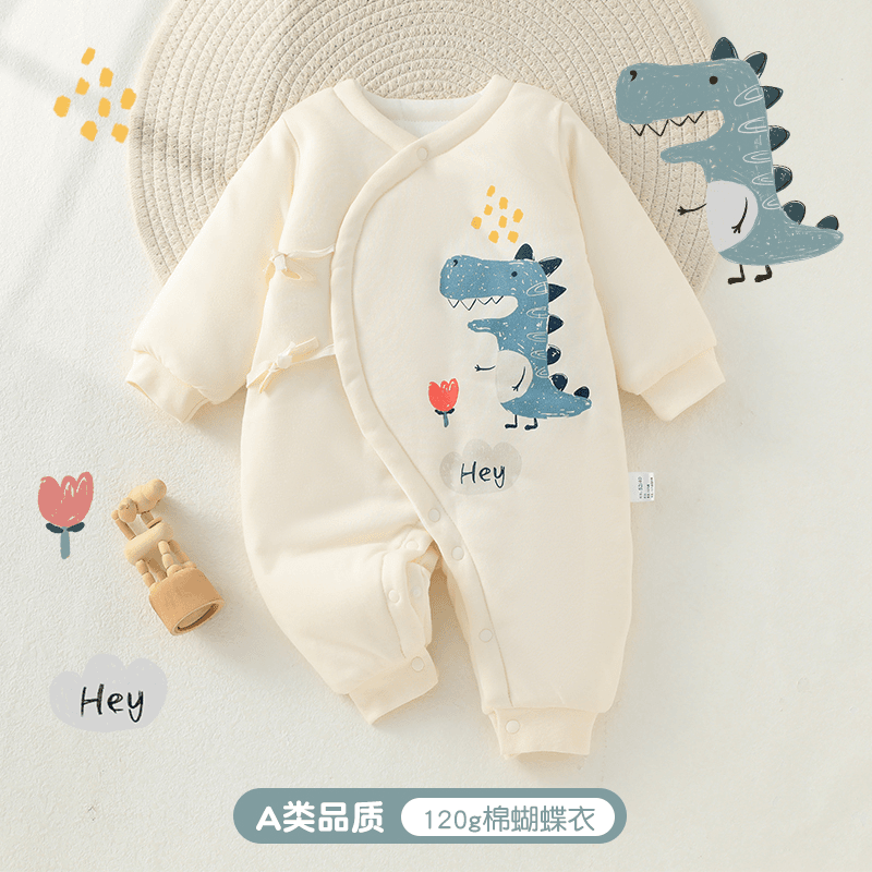 2023年婴儿秋冬衣服卡通恐龙三层夹棉男宝宝连体衣a类新生儿棉服