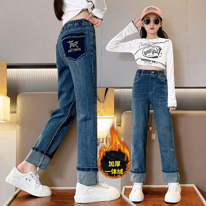 【现货】女童加绒牛仔裤2023秋冬新款洋气一体绒烟管裤学生百搭修