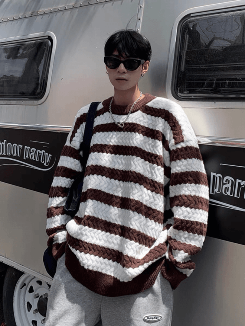 YOK110条纹撞色绒毛衣男日系潮牌慵懒潮流韩版宽松针织衫毛线衣