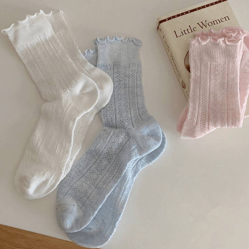 袜子女中筒袜夏季薄款镂空亲肤日系甜美可爱木耳边网眼堆堆棉袜子