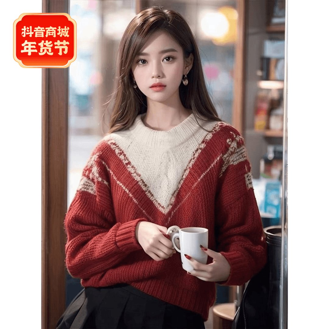 2024秋冬新款欧货漂亮毛衣新年战衣龙年本命年红白拼色针织衫女装