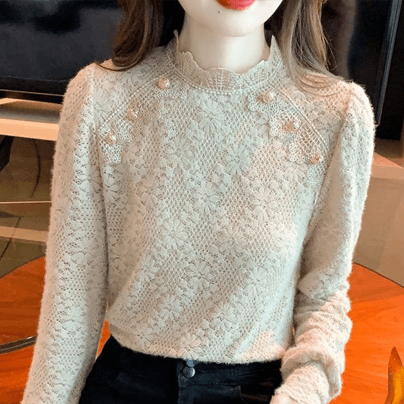 水貂绒加绒加厚蕾丝衫小香风气质内搭女冬季新款遮肉百搭打底衫