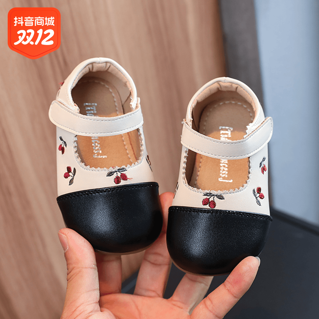 女童时尚公主鞋樱桃刺绣小皮鞋女宝宝单鞋婴幼儿软底学步鞋1-3岁2