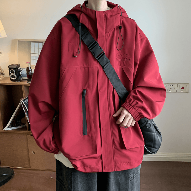 酒红色冲锋衣古着男款高街美式hiphop外套机能工装夹克高级感风衣