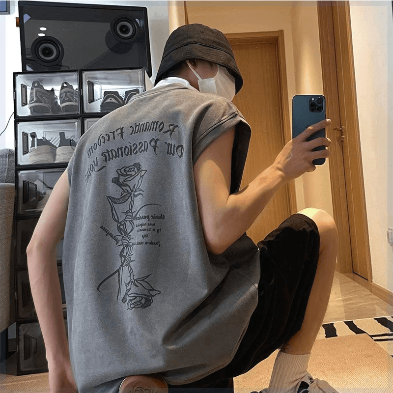 美式夏季宽松背心男潮流廘皮绒坎肩无袖高街运动百搭字母休闲上衣