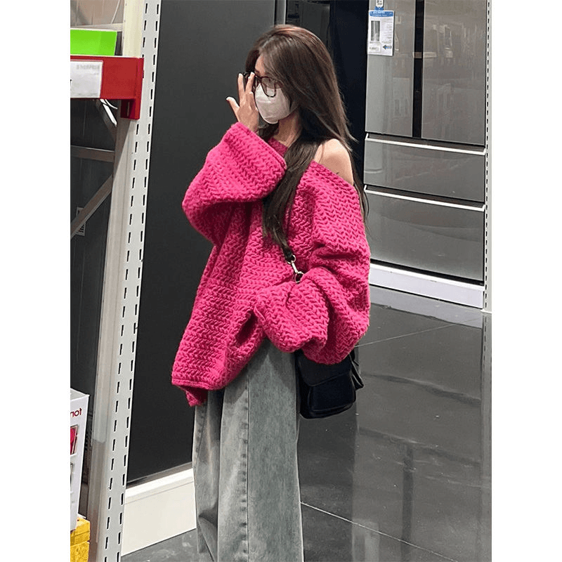 韩版枚红色oversize慵懒粗针织衫女秋冬季新款宽松中长款厚实毛衣