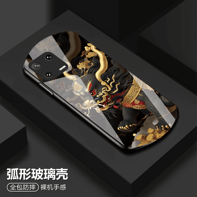 小米13新款弧形玻璃壳聚财貔貅红色中国风防摔保护套
