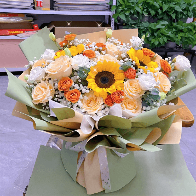 【繁花盛开】3朵向日葵19朵香槟玫瑰花束生日节日礼物同城送花花店