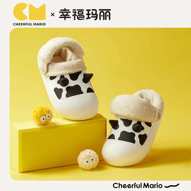 奶牛儿童棉拖鞋防水男童室内宝宝家居防滑拆卸毛毛鞋包跟儿童拖鞋