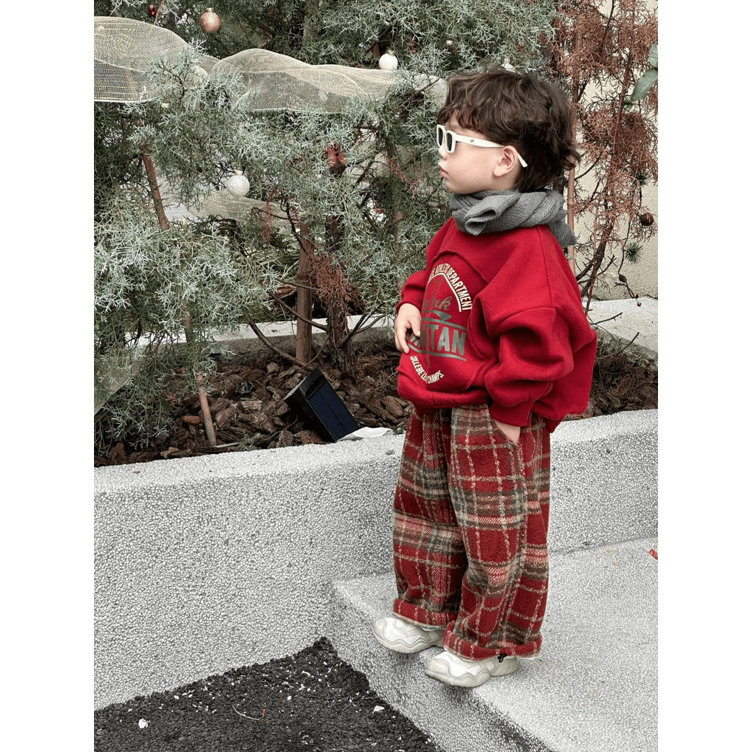 男童女孩套装冬季新款加绒卫衣复古格子裤套装网红洋气新款