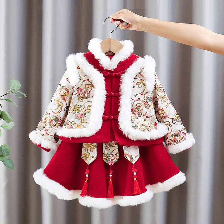 拜年服女童冬季汉服宝宝旗袍唐装中国风加绒加厚周岁礼服儿童套装