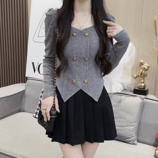 2023秋冬新款甜美纯欲小香风双排扣长袖修身针织打底衫显瘦优1