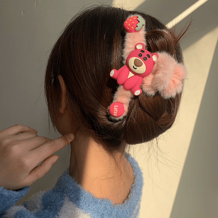草莓熊抓夹+大肠发圈~可爱粉色少女鲨鱼夹甜美发绳头绳毛绒绒发饰