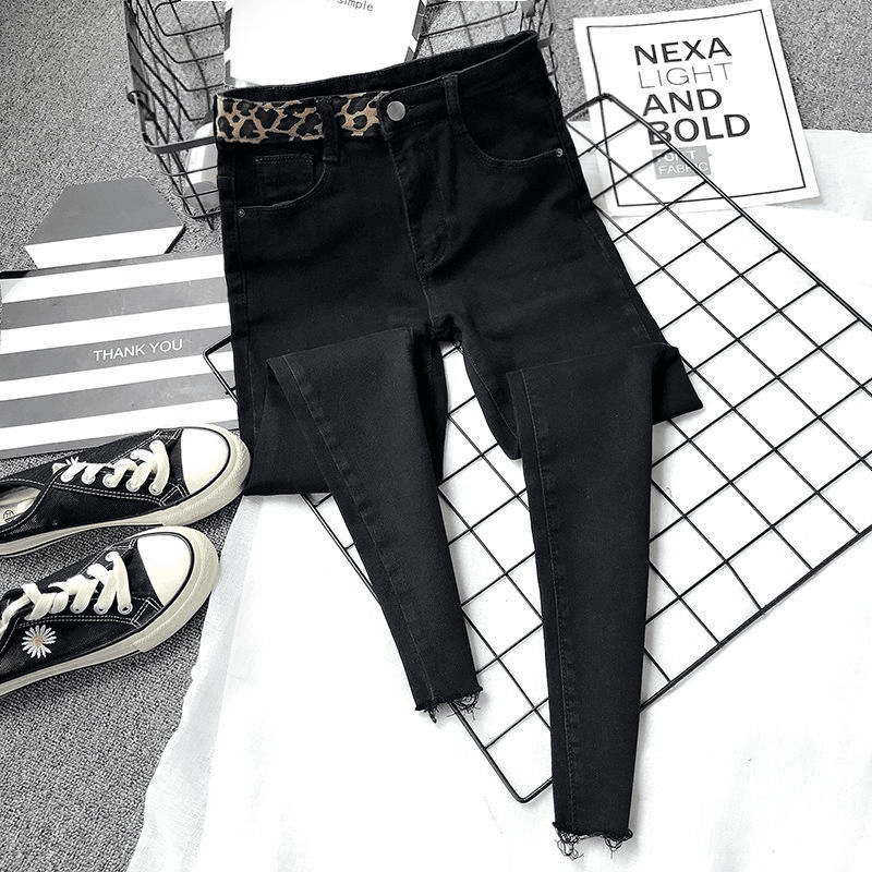 豹纹弹力黑色牛仔裤女2023秋新款高腰铅笔紧身小脚打底裤加绒加厚