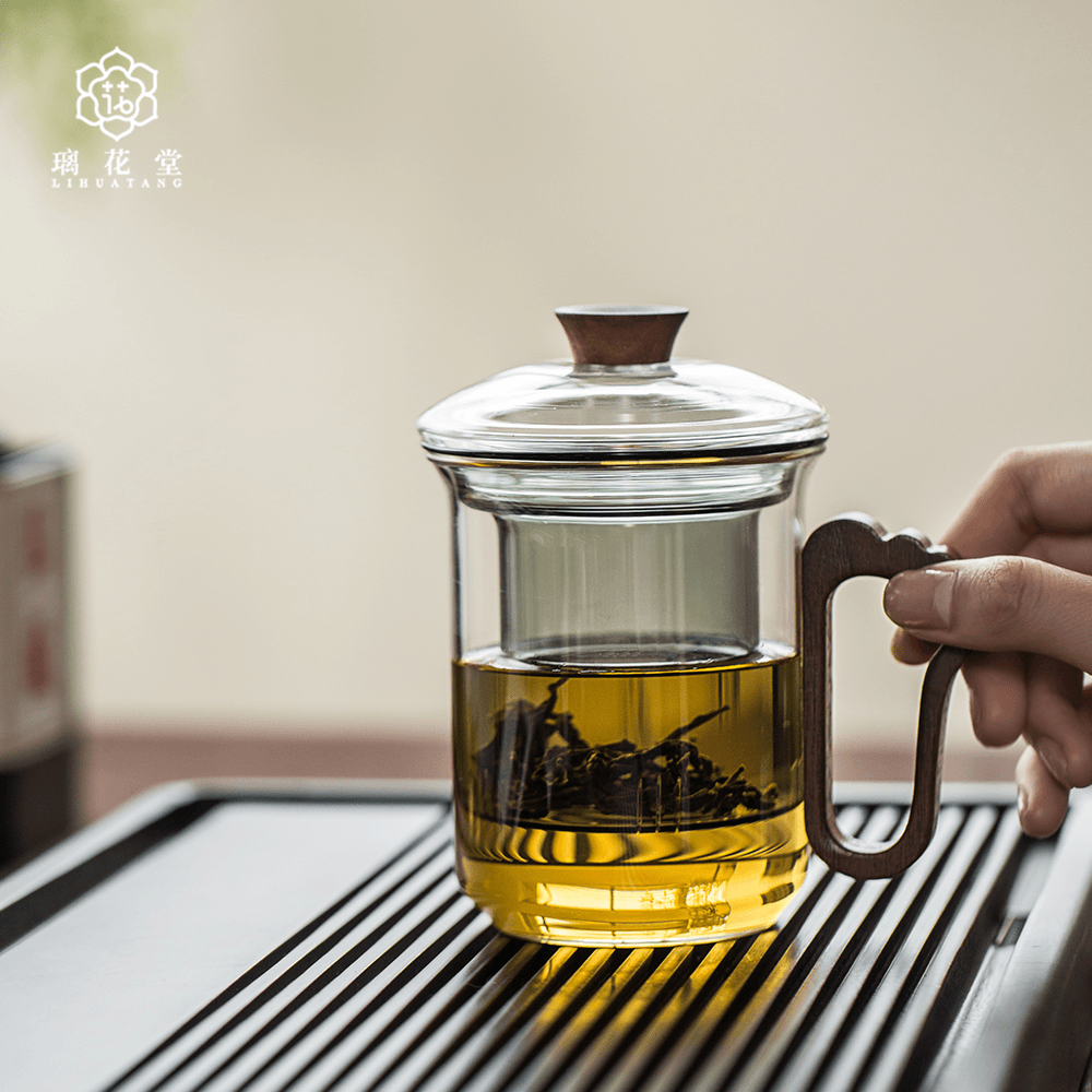 笑口常开知足常乐茶水分离三件杯高硼硅玻璃懒人带盖泡茶杯耐热