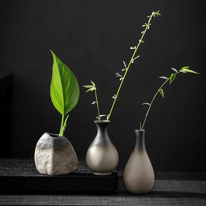 迷你陶瓷花瓶日式陶瓷花器茶桌花瓶粗陶禅意中式铜钱草家居摆件