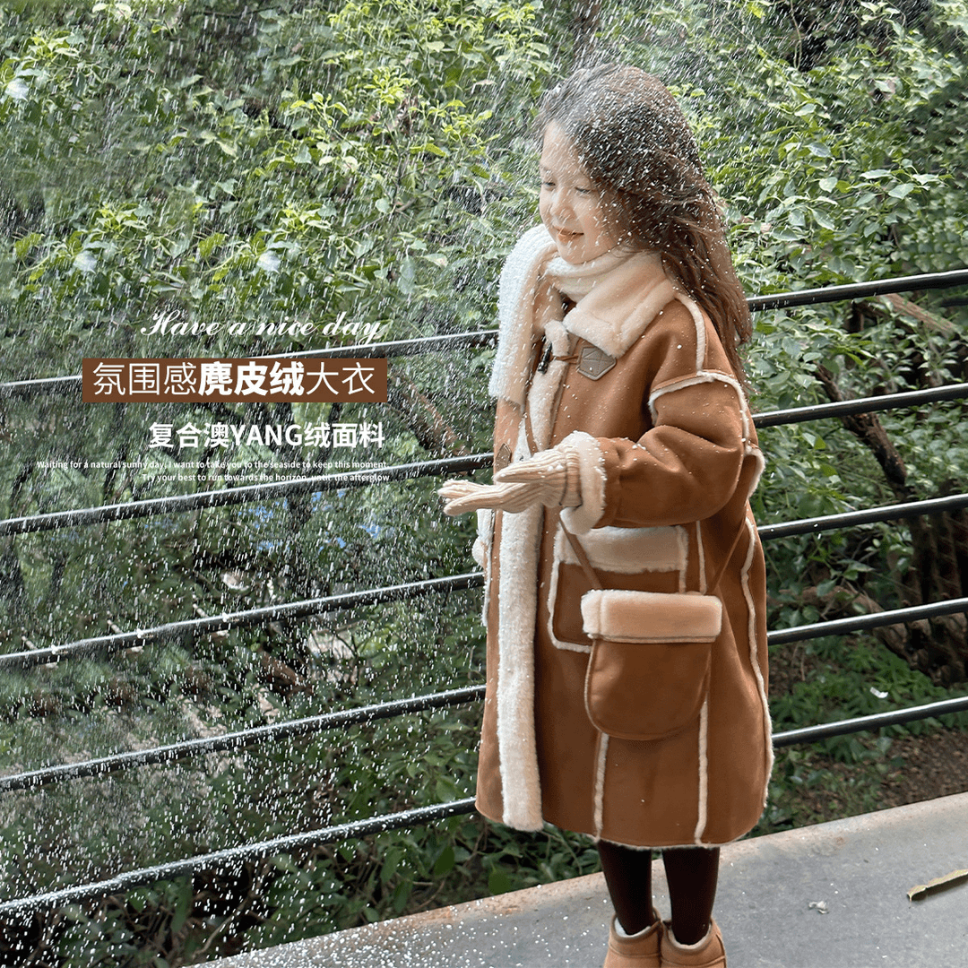 女童冬装加绒外套2024新款秋冬季儿童中长款大衣洋气加厚加绒毛呢