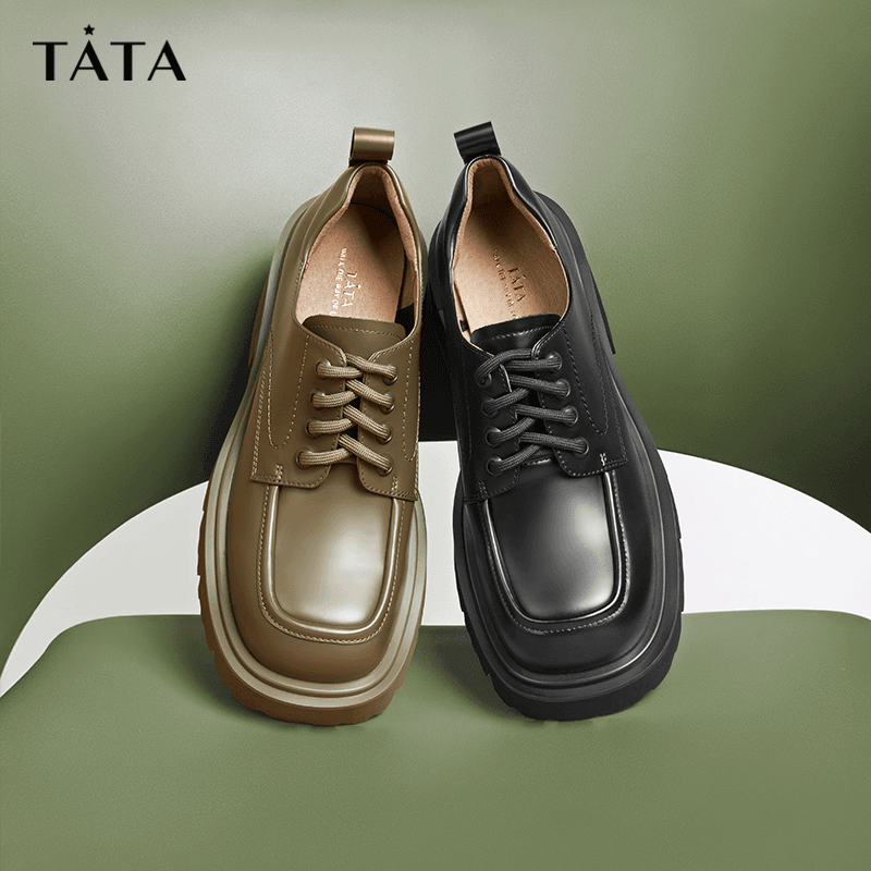 Tata他她增高黑色小皮鞋女春季软皮粗跟单鞋女2023年新款W8AA2AM3