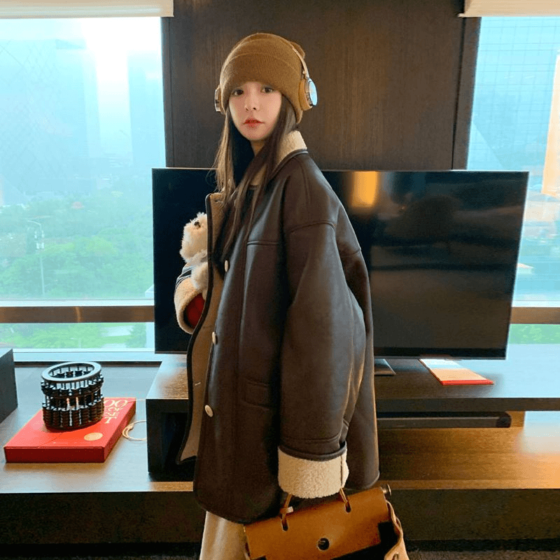 咖色复古外套女秋冬撞色翻领加绒加厚皮毛All赛车服潮