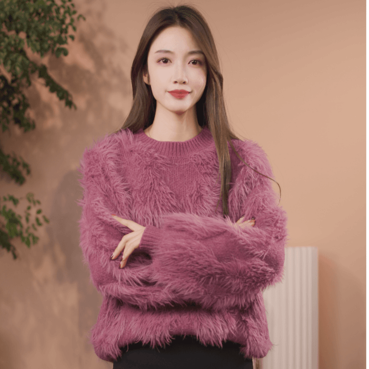 温柔风高级感菱格毛毛套头衫2023秋冬新毛茸茸独特别致宽松上衣