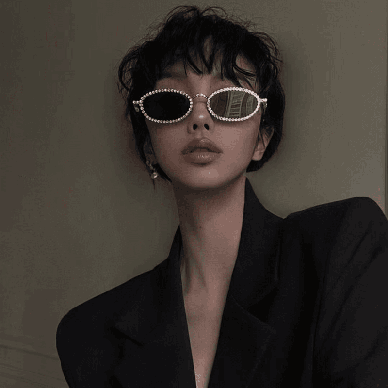 Jennie同款满钻墨镜女高级感isn椭圆形辣妹凹造型街拍茶色太阳镜
