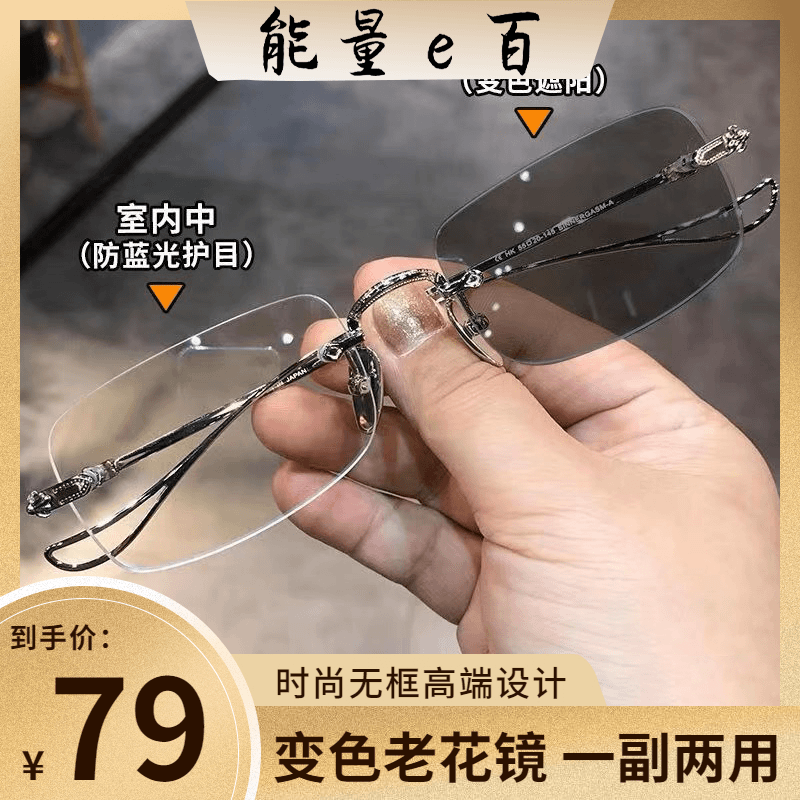 【感光变色老花镜】变灰高端时尚防蓝光时尚商务高颜值金属无框设计