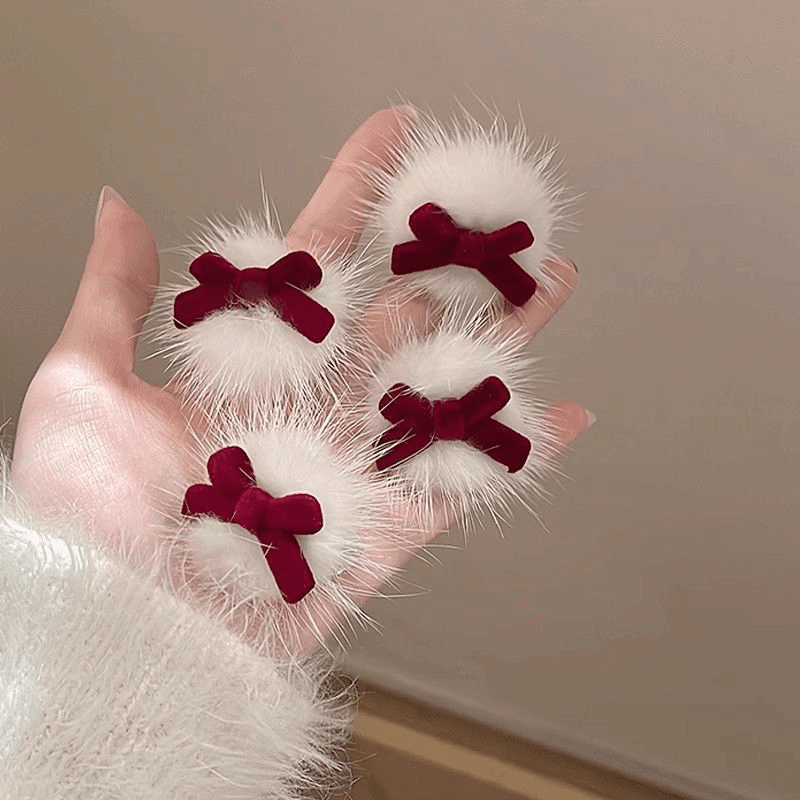 圣诞节新年红蝴蝶结毛绒发夹女2024新款秋冬前额碎发刘海夹鸭嘴夹