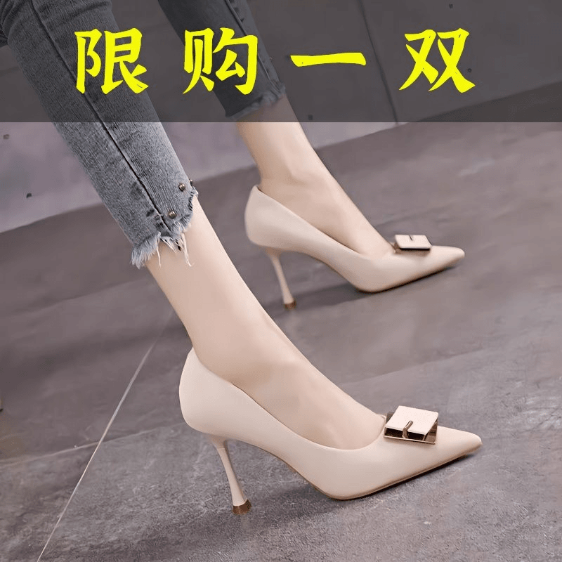 达芙妮沿荐蜻蜓2023新款春秋软皮高跟鞋女中跟浅口尖头细跟单鞋女