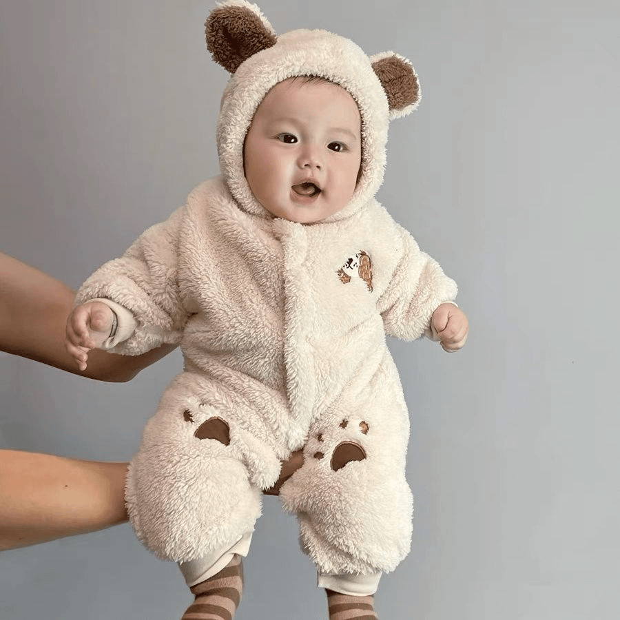 拉吧婴儿加绒连体衣保暖家居服连帽法兰绒哈衣秋冬装宝宝外穿