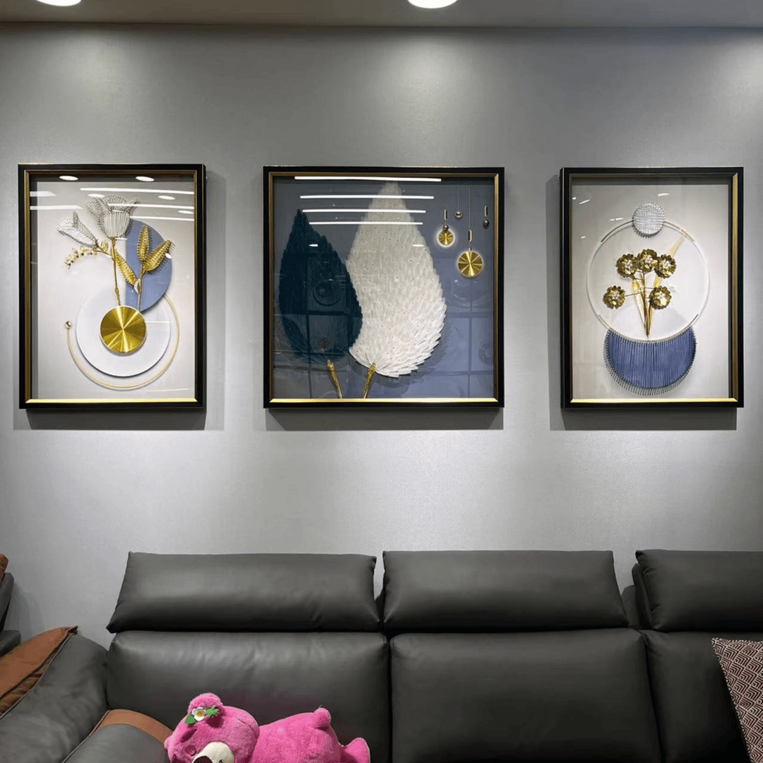 手工客厅三联画【金枝玉叶】纯手工制作 双色立体轻奢简约装饰画