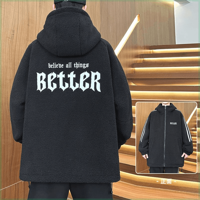 青少年颗粒绒男款冬季2023新款潮流加厚男装宽松连帽棉服