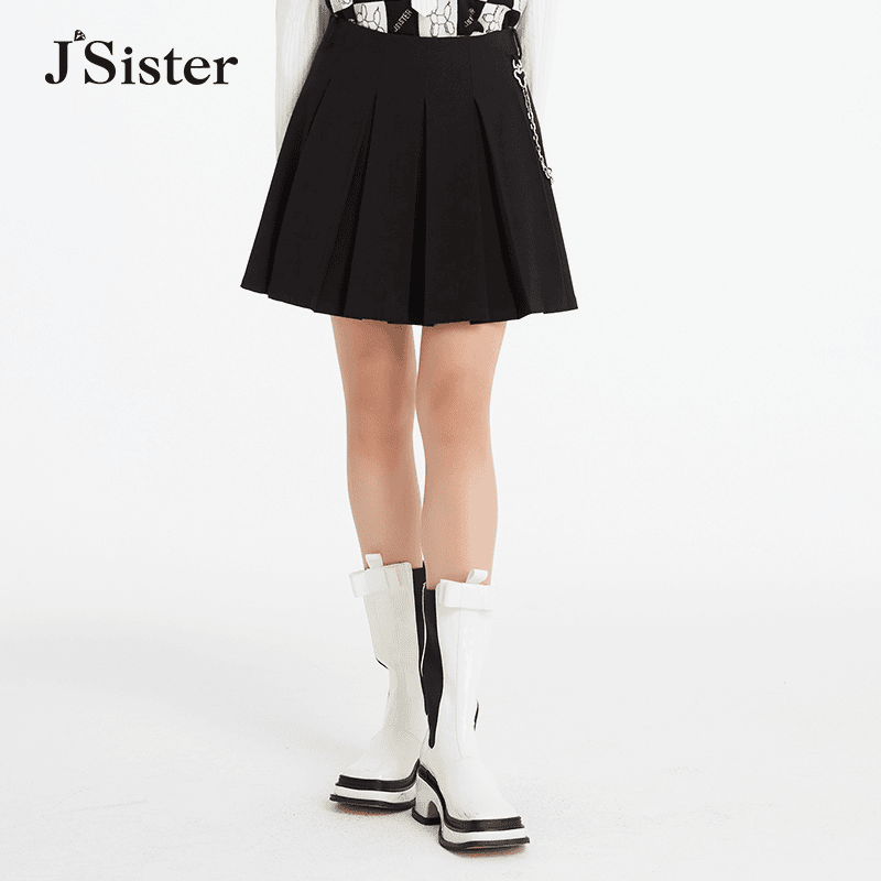 jsister 2023秋季新款 JS女装时尚黑色百褶A字短裙百搭S212212056