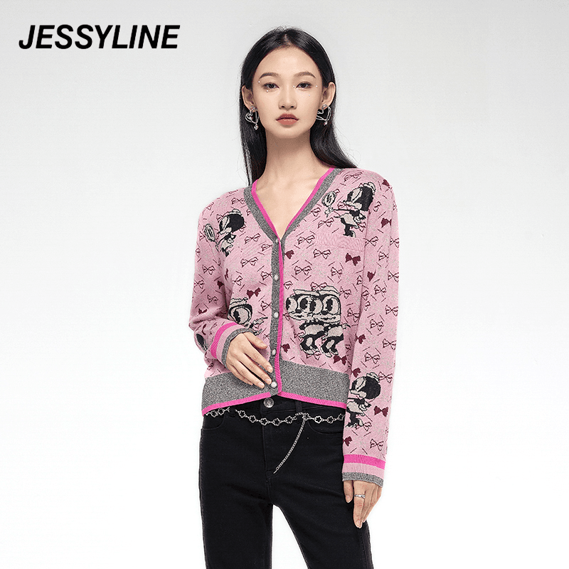 jessyline 秋冬新款杰茜莱卡通字母针织开衫女针织衫长袖上衣气质