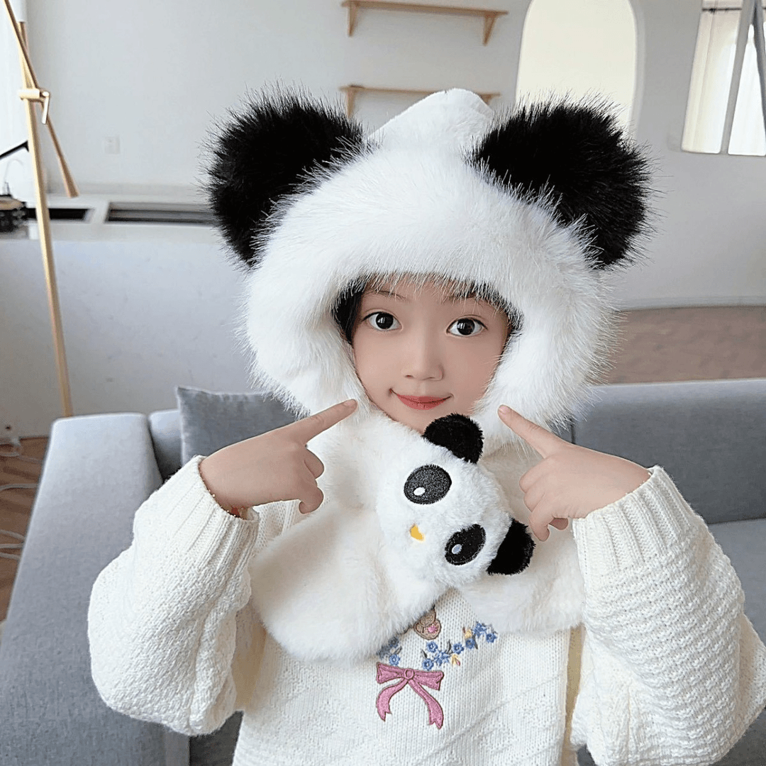 可爱熊猫秋冬季保暖毛绒帽子卡通子女套头围脖两件套帕恰狗百搭帽