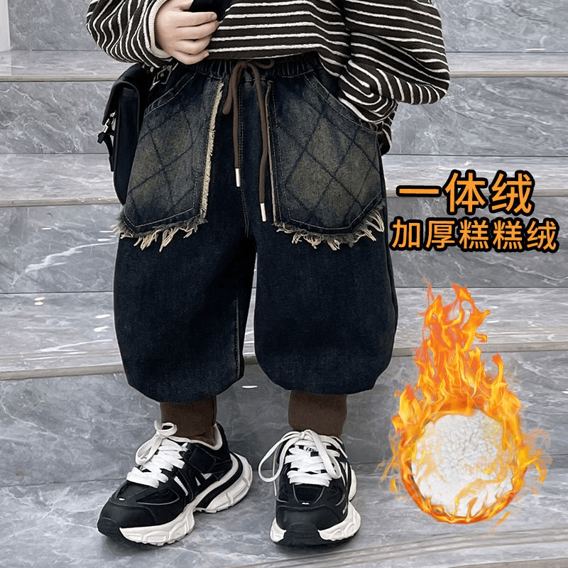 童装男童加绒裤子2024新款秋冬儿童加厚一体绒长裤宝宝冬装牛仔裤