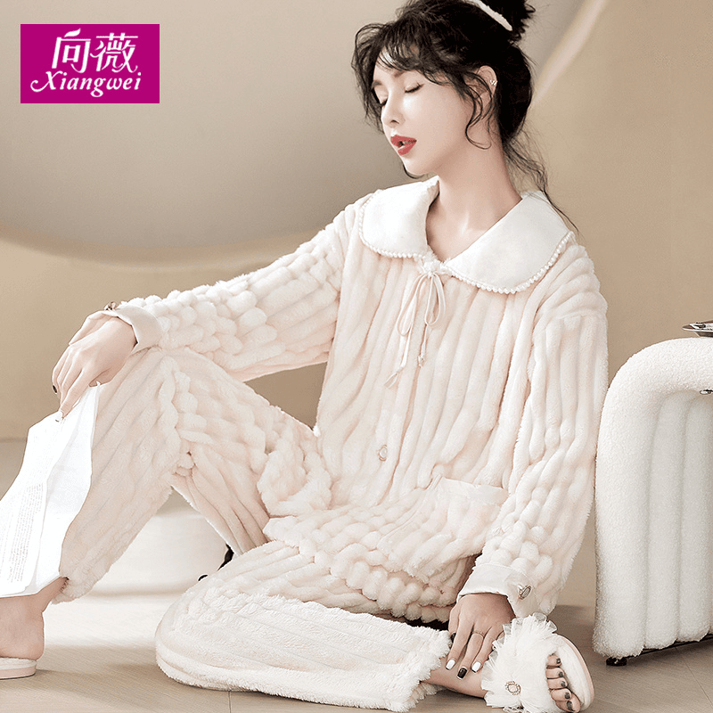 【法式珍珠少女】玉兔绒睡衣秋冬甜美可外穿法兰绒家居服女