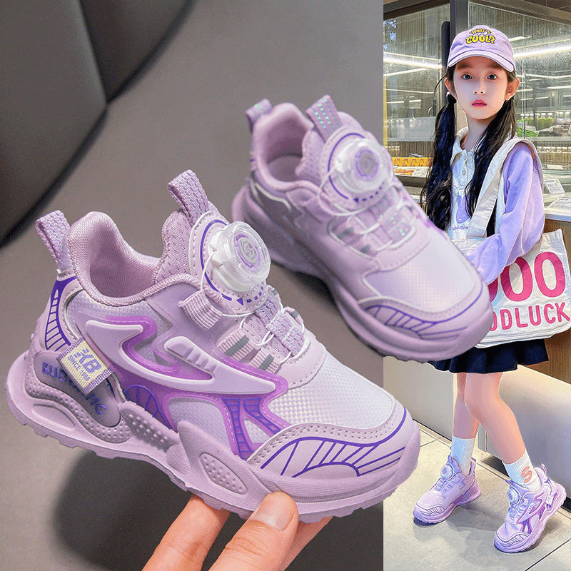 回力瑞女童运动鞋皮面防水春秋2023潮款旋转纽扣儿童鞋跑步老爹鞋