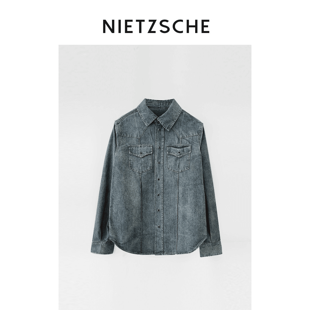 Nietzsche 尼采 ＂马提尼＂秋季翻领重工长袖牛仔衬衫80482
