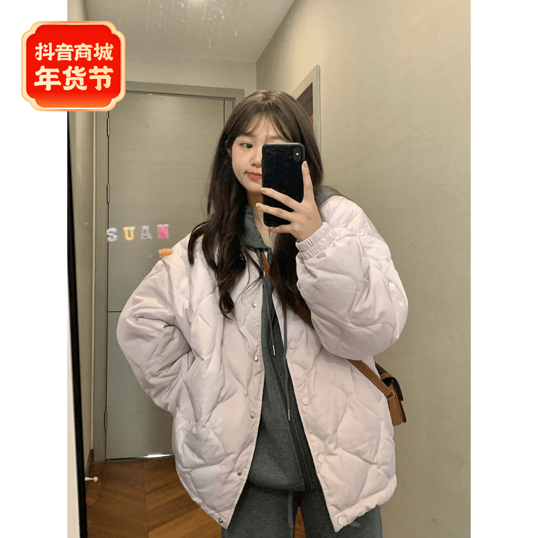 GUIDI FAME菱格棉服女装冬季宽松百搭韩系小个子加绒加厚棉衣外套