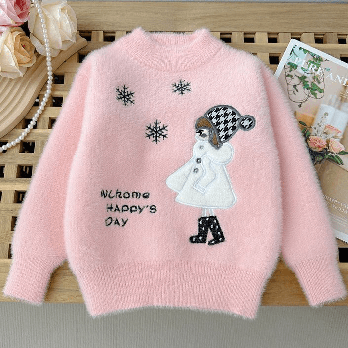 2023雪花女孩仿貂绒毛衣秋冬款加厚保暖宝宝针织2024
