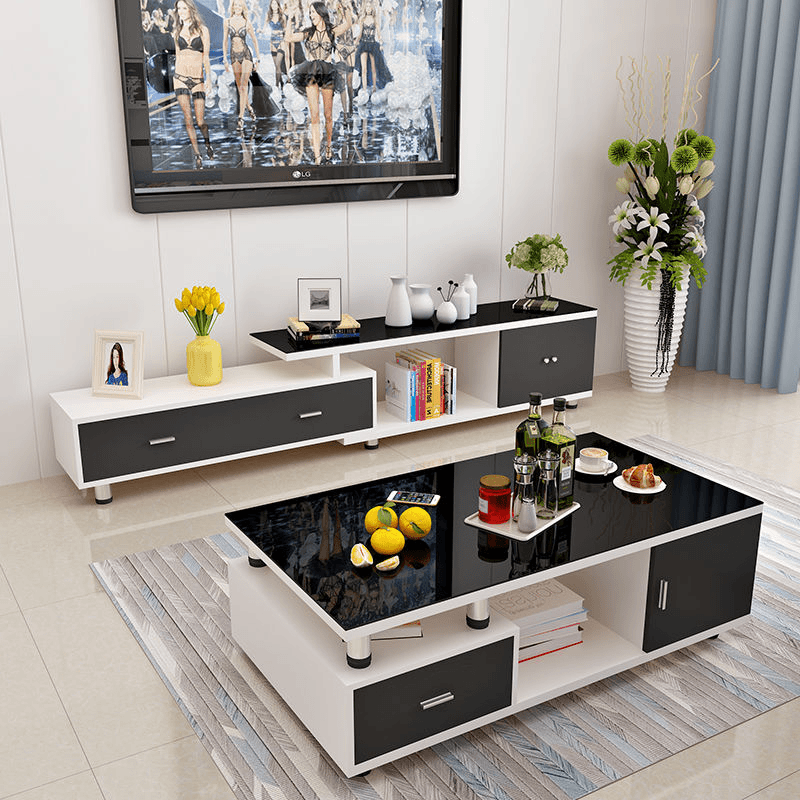 新款gbls现代简约伸缩茶几电视柜黑白钢化玻璃实用成套客厅家用