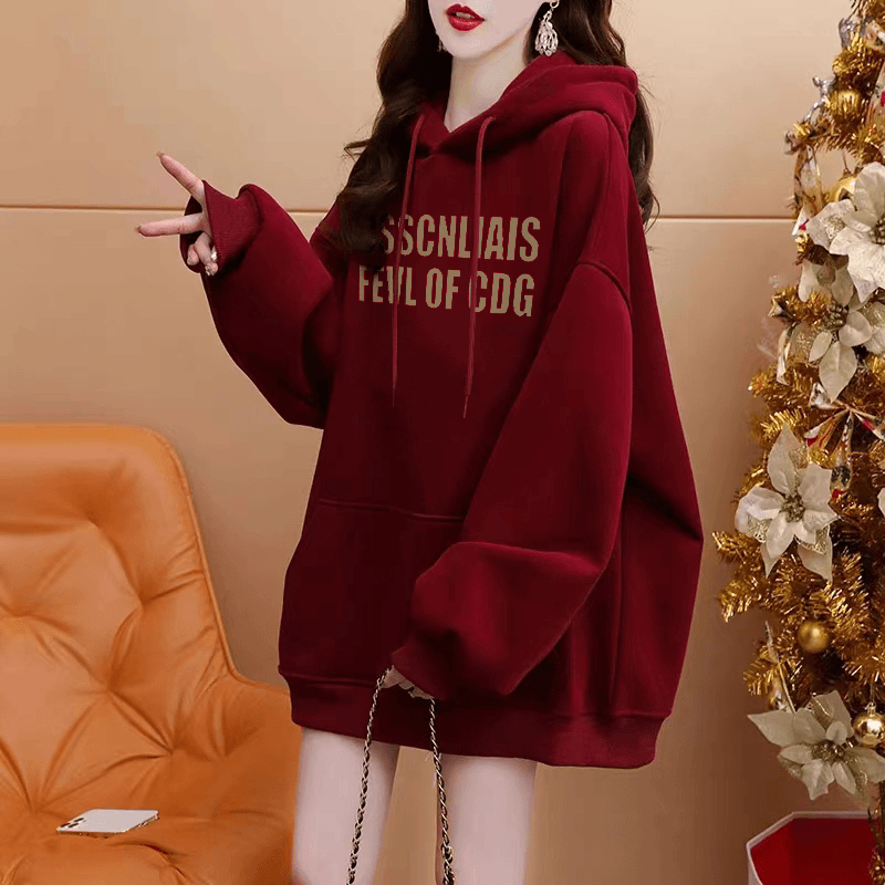 秋冬季加绒加厚连帽卫衣女2023爆款韩版胖mm宽松遮臀大码上衣外套