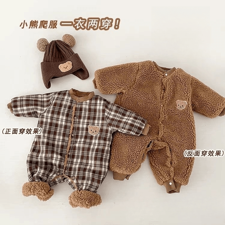 婴儿衣服2023冬装加绒加厚双面穿小熊连体衣宝宝新生儿保暖爬服潮