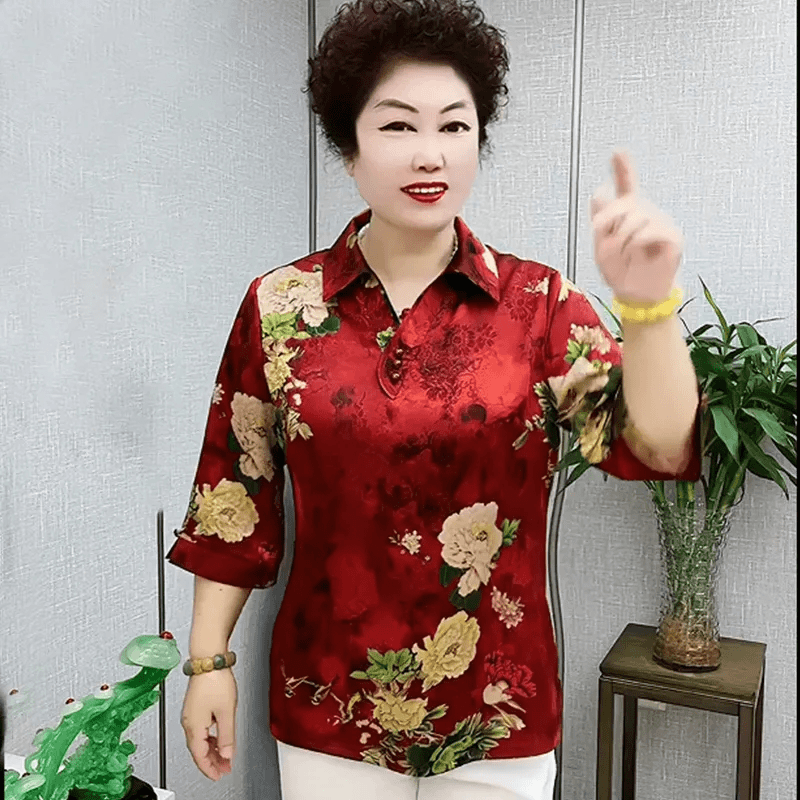 富贵金牡丹花图仿香云纱花色七分袖中老年女装妈妈装2023套装新款