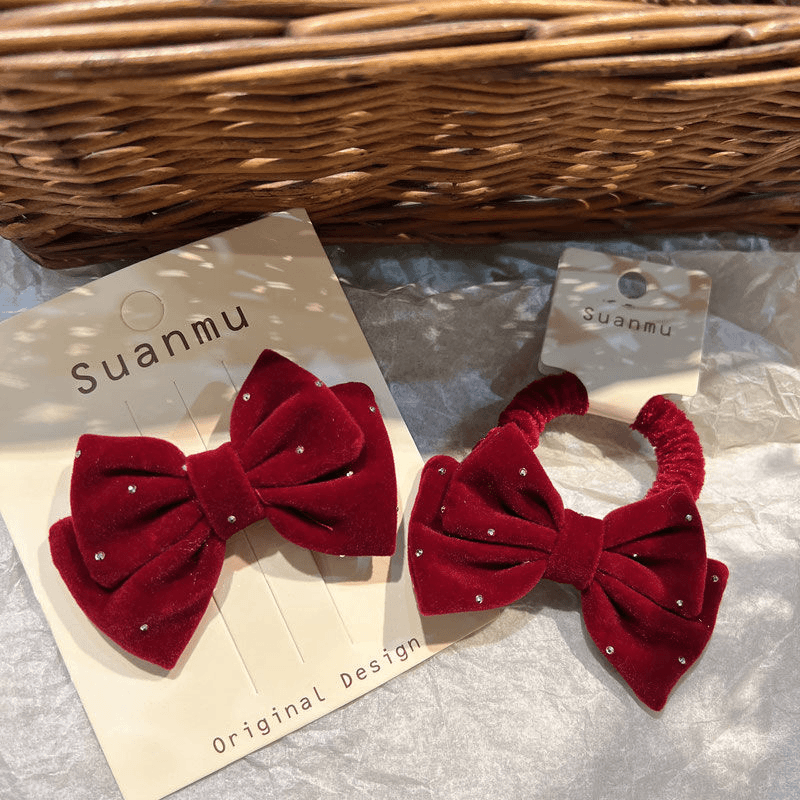 儿童红色发饰韩版秋冬新款丝绒蝴蝶结发夹发圈宝宝发绳头绳鸭嘴夹