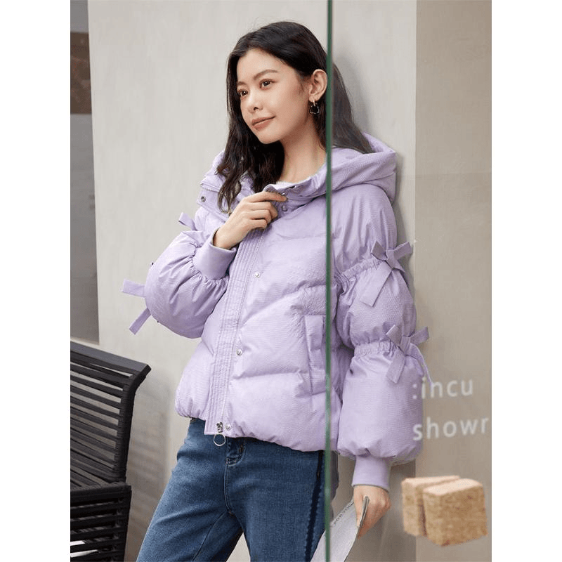 短款羽绒服女2023冬新款小个子日系甜美宽松灯笼袖蝴蝶结连帽外套