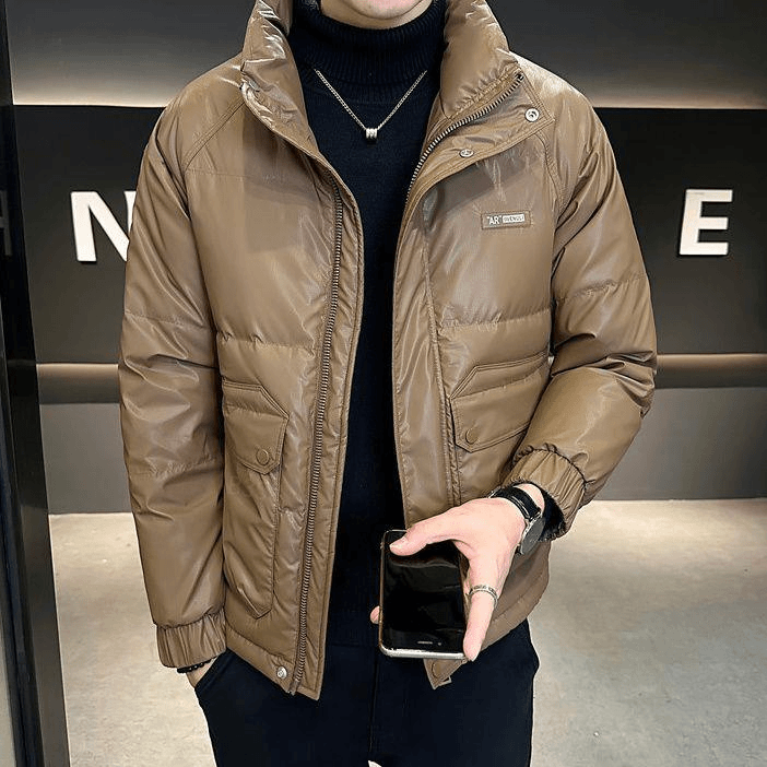 波司登痞帅羽绒服男士短款潮流修身立领高级感潮牌PU皮上衣冬季20