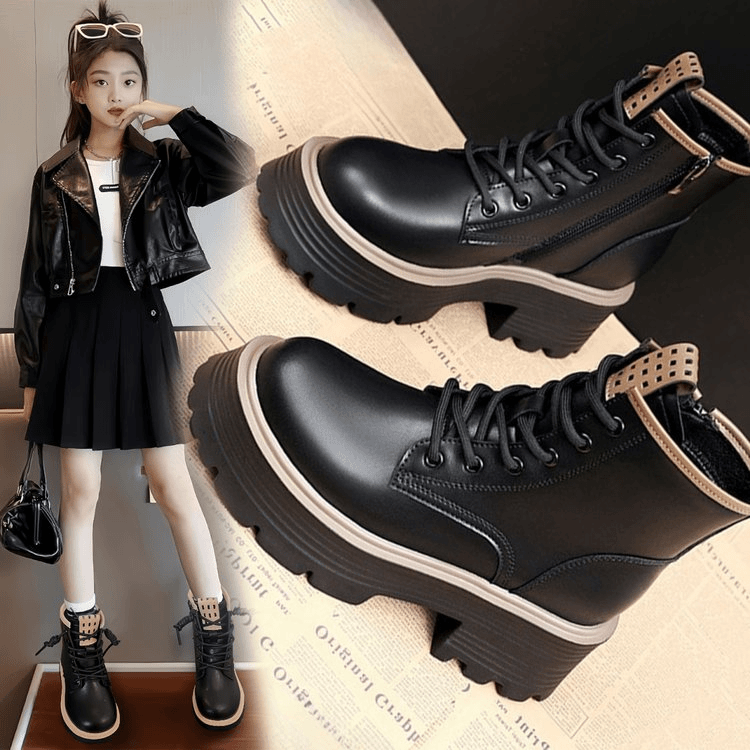 2023新款儿童时装靴天然橡胶车缝线皮靴中筒平底四季侧拉链女童靴