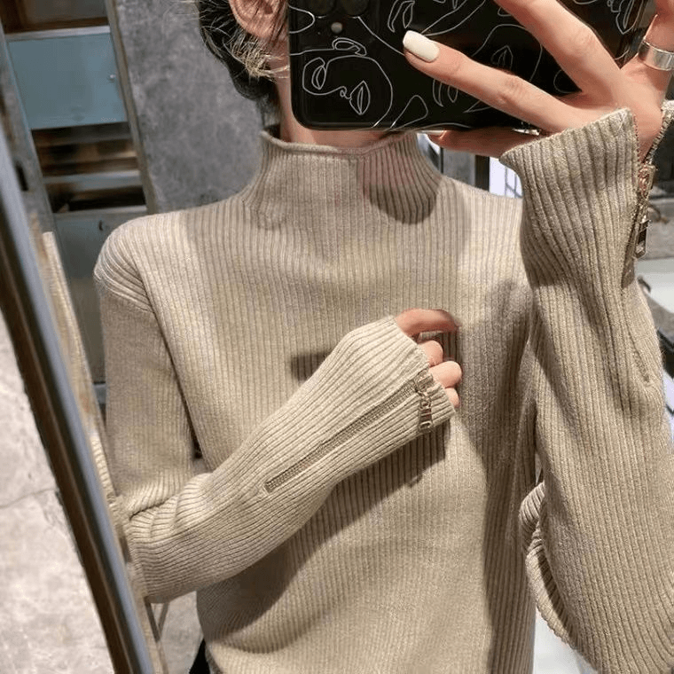 2023秋冬季长袖口拉链针织半高领打底衫女内搭百设计感小众毛衣女