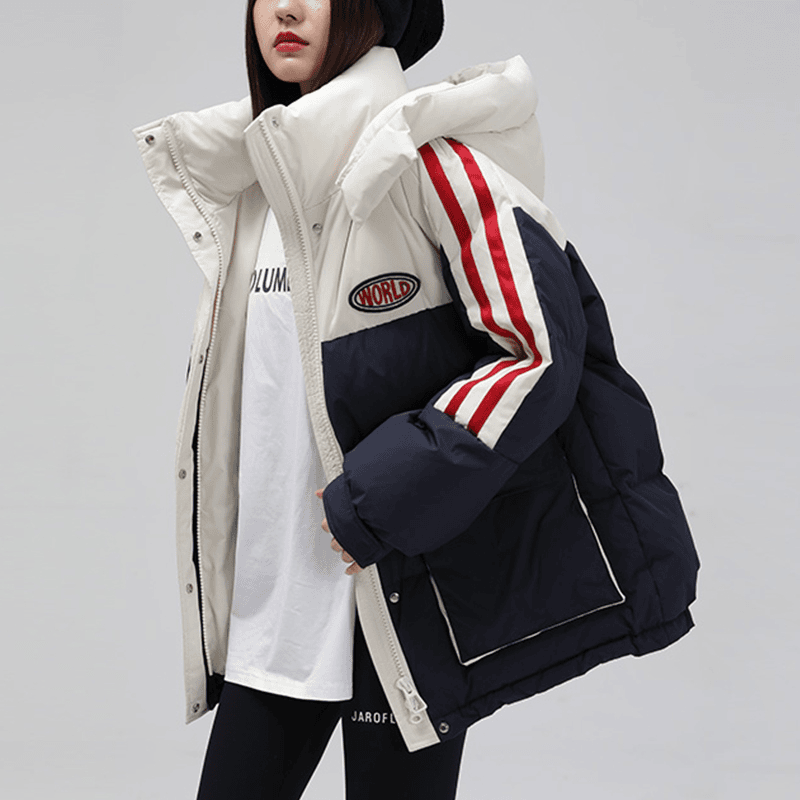 棉服女中长款2023新款加厚棉袄撞色拼接连帽宽松学生保暖棉衣外套